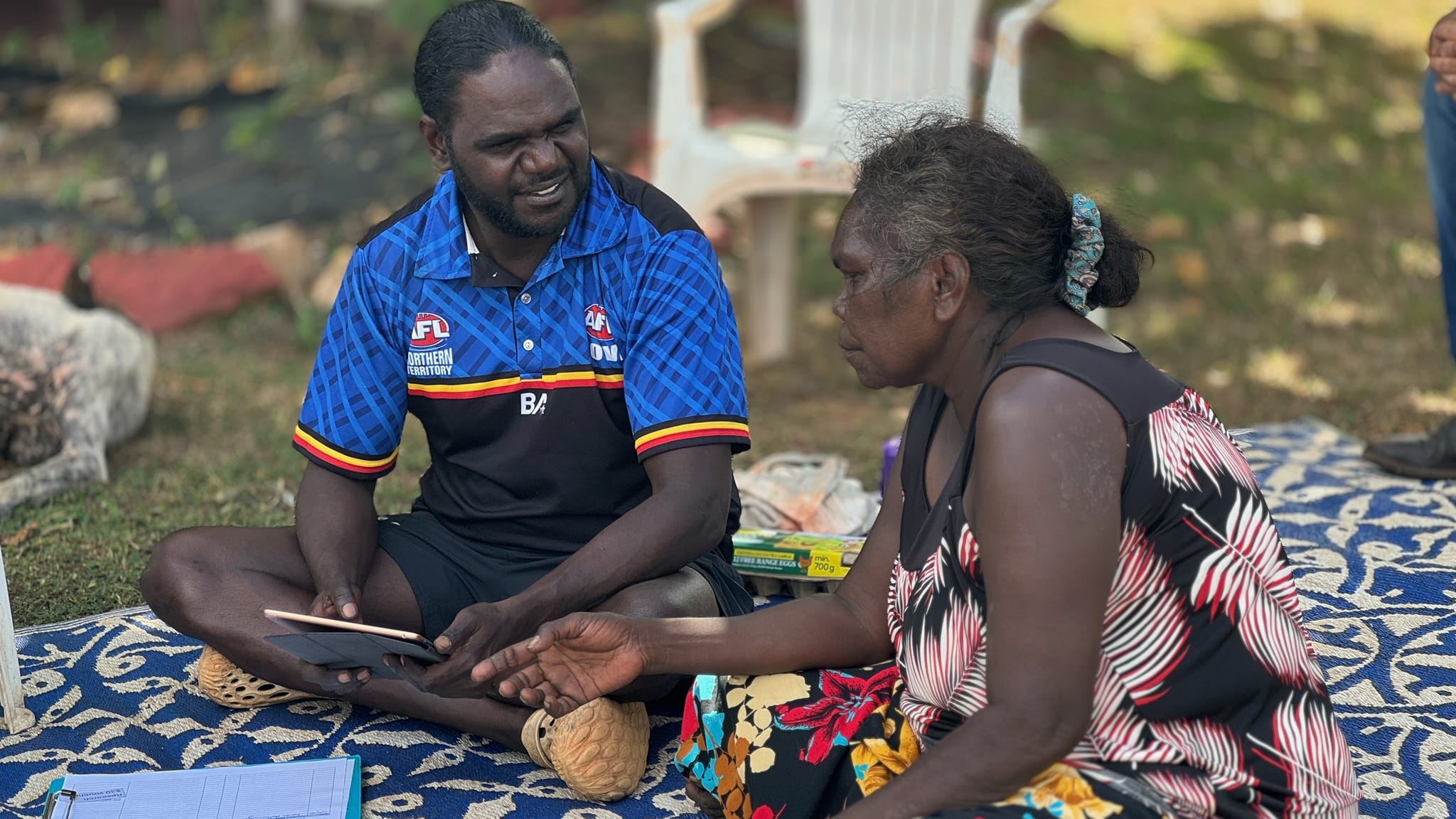 Co-researcher Djamika Ganambarr conducting a survey with Gawumala Gumana at Yirralka Ranger base in Gäṉgaṉ