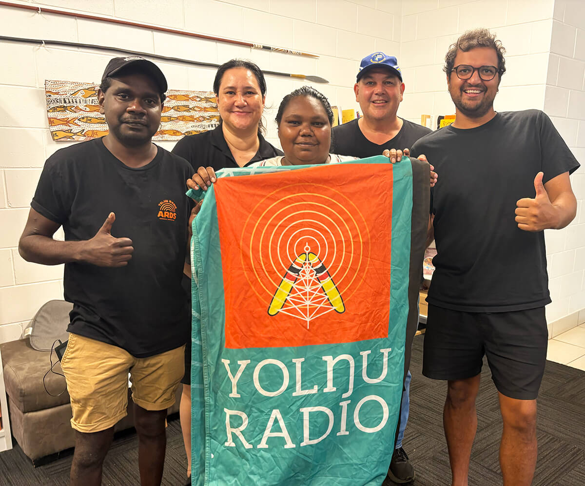 Nhulunbuy research team: co-researcher William Gumbula, Assoc Prof Heron Loban, co-researcher Zowie Booment, Assoc Prof Lyndon Ormond-Parker, and co-researcher Adrian Schmidt Muanm.